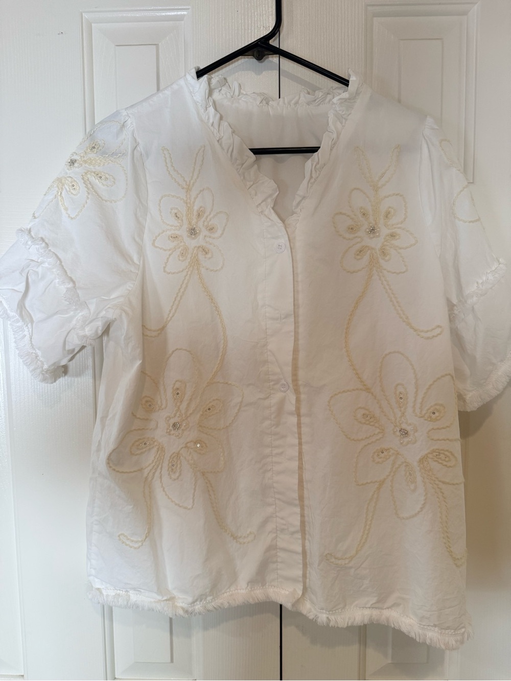 White Embroidered Floral Women’s Button Down Shirt Top Ruffles, Pearls, Sequins